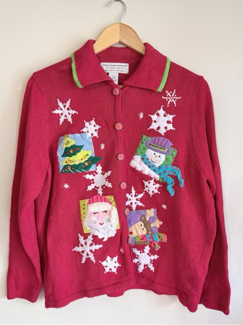 Vintage ugly Christmas sweater embroidered button down cardigan size XL